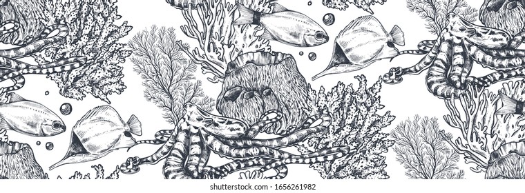 Vector monochrome seamless sea pattern with tropical fishes, jellyfish, algae and corals. Underwater world. Black and white hand drawn graphic endless background.