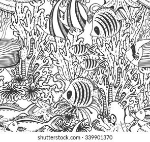 Vector monochrome seamless sea pattern with tropical fishes, stars, jellyfishes, algae, corals. Underwater world. Black and white hand drawn illustration