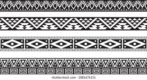 Vector monochrome seamless set of Native American folk ornaments. Frames and borders of the peoples of South and North America, Aztecs, Incas, Mayans, Cherokee, Comanches, Iroquois, Apaches,
