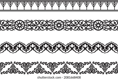 Vector monochrome seamless set of Yakut folk ornaments. Frames and borders of the peoples of the north, tundra
