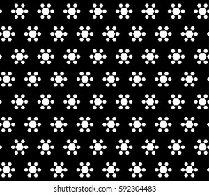 Vector monochrome seamless texture. Abstract geometric flowers, simple white hexagonal figures on black background. Stylish dark minimalist pattern. Design element for cover, print, textile, furniture