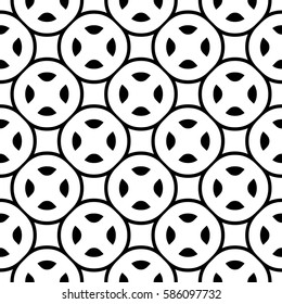 Vector monochrome seamless texture, simple geometric pattern with rounded figures, circles, squares, crosses, wheels. Black & white design element for prints, decoration, textile, digital projects 