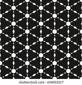 Vector monochrome seamless texture, simple ornamental geometric pattern. Triangular grid, repeat tiles, hexagons, rhombuses. Modern minimalist style. Abstract dark background, symmetric design 