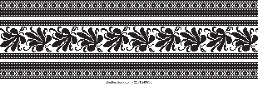 Vector Monochrome Seamless Ukrainian National Ornament, Embroidery. Endless Ethnic Floral Border, Slavic Peoples Frame. Black Cross Stitch.
