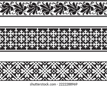 Vector monochrome seamless Ukrainian national ornament, embroidery. Endless ethnic floral border, Slavic peoples frame. black cross stitch.
