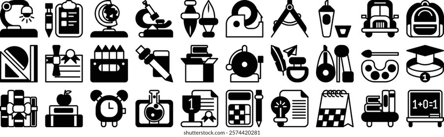 Vector monochrome semi solid icon set for back to school