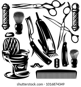 vector monochrome set of accessories and tools in the barber shop