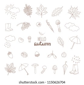 Vector monochrome set of autumn elements isolated on white background. Fall illustration of isolated leaves, umbrella, rain, mushroom, rubber boots, nut, acorn, cloud. Cartoon style