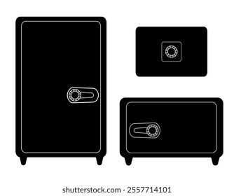 Vector monochrome set of closed safes. Collection of clip arts of black silhouettes of deposit vaults for icons. Money protection