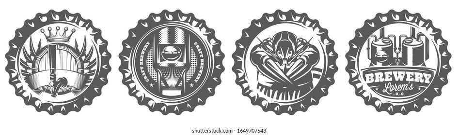 Vector monochrome set for decorating walls in a restaurant in form of stylized bottle caps with composition.