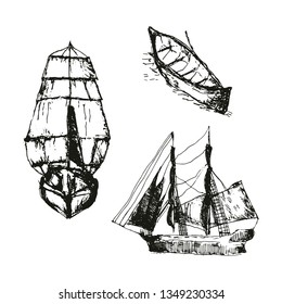 vector monochrome set of different boats isolated on white.