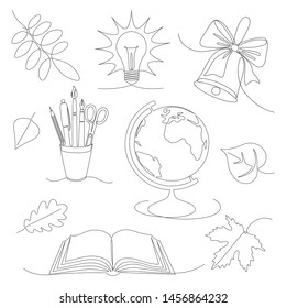 vector monochrome set of different school attributes drawn in continuous line style.