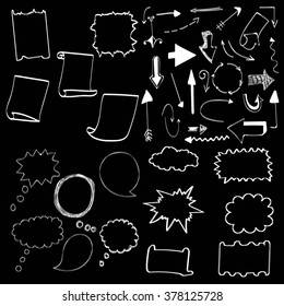 Vector monochrome set of different speech bubbles, arrows, stylized elements. Textual decoration, design element, printing and publishing.