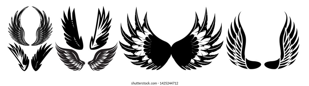 Vector monochrome set of different wings for design.