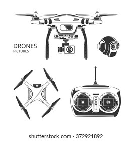 Vector monochrome set of drones pictures for labels, badges and logos design