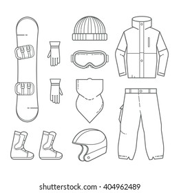 The vector monochrome set of equipment for snowboarding. Clothing and accessories. Outline style