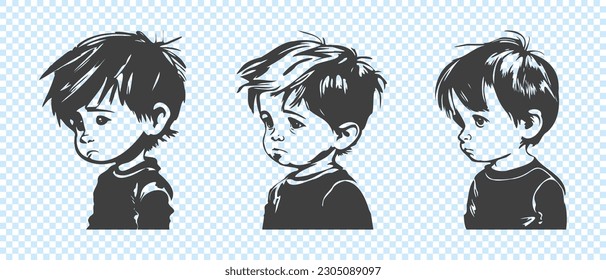 Vektormonochrome-Set. Grafische, traurige Halbwandporträts kleiner Jungen mit geschliffenem Haar. Kinder weinen. Sticker oder Symbole auf isoliertem Hintergrund.