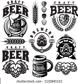 vector monochrome set of illustrations, signs, design elements for design of beer theme.