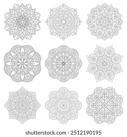 Vector Monochrome Set of Mandalas coloring book page