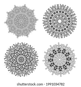 Vektor monochrome Reihe von Mandalas. Dekorative, runde Ornamente. Vier runde abstrakte Objekte einzeln auf weißem Hintergrund. 