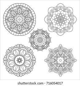 Vector Monochrome Set of Mandalas. Five Round Abstract Objects Isolated On White Background. Ethnic Decorative Element