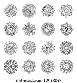 Vector Monochrome Set of Mandalas. Round Abstract Objects Isolated On White Background. Ethnic Decorative Element