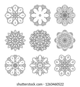 Vector Monochrome Set of Mandalas. Round Abstract Objects Isolated On White Background. Ethnic Decorative Element