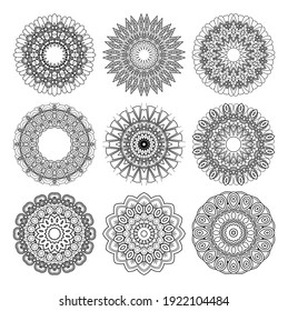 Vector Monochrome Set of Mandalas. Round Abstract Objects Isolated On White Background. Ethnic Decorative Element