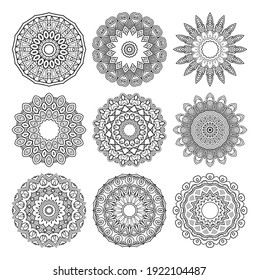 Vector Monochrome Set of Mandalas. Round Abstract Objects Isolated On White Background. Ethnic Decorative Element