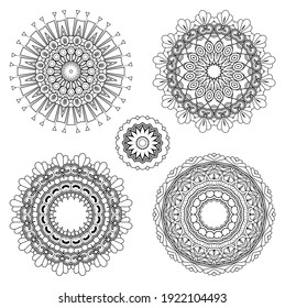 Vector Monochrome Set of Mandalas. Round Abstract Objects Isolated On White Background. Ethnic Decorative Element