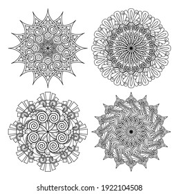 Juego de Mandalas monocromo vectorial. Objetos De Resumen Redondo Aislados En Fondo Blanco. Elemento decorativo étnico