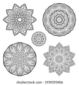 Vector Monochrome Set of Mandalas. Round Abstract Objects Isolated On White Background. Ethnic Decorative Element