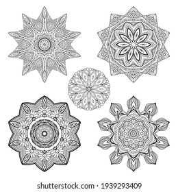 Vector Monochrome Set of Mandalas. Round Abstract Objects Isolated On White Background. Ethnic Decorative Element