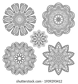 Vector Monochrome Set of Mandalas. Round Abstract Objects Isolated On White Background. Ethnic Decorative Element