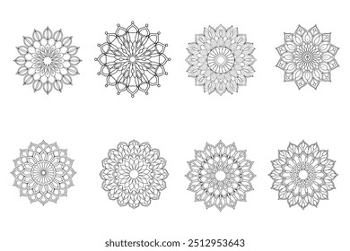 Vektor Monochrome Set von Mandalas. Runde abstrakte Objekte einzeln auf weißem Hintergrund.