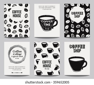 Conjunto de pósters modernos monocromos vectores con fondo de café. Plantillas de hipster de moda para volantes, banners, invitaciones, diseño de menús de restaurantes o cafés. 