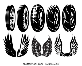 Vector monochrome set of motorcycle wheels and wings.