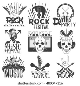 Vector monochrome set of music theme emblems. Isolated badges, logos, banners or stickers with guitars, microphones, headphones and skulls in vintage style on white background