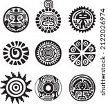 Vector monochrome set of Native American Indian national symbols. Ethnic round ornaments of the peoples of America, Aztec, Maya, Incas, Peru, Brazil, Mexico, Honduras, Guatemala.
