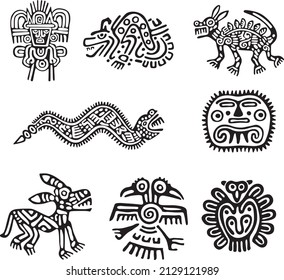 Vector monochrome set of native american symbols. Pattern totem of the peoples of Central and South America, Aztecs, Maya, Incas.
