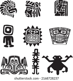 Vector monochrome set of Native American Indian national symbols. Ethnic round ornaments of the peoples of America, Aztec, Maya, Incas, Peru, Brazil, Mexico, Honduras, Guatemala