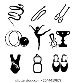 Vector monocromo conjunto de iconos de gimnasia rítmica equipo. Leotardo de la ropa deportiva, botella de agua, bola, cinta, clubes, cuerda, aro y premios