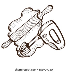 Vector monochrome set of rollout dough with rolling pin and mixer. Illustration isolated on white background