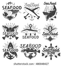 Vector monochrome set of seafood emblems, badges, banners or logos. Isolated illustration in vintage style for groceries, stores, restaurant, packing
