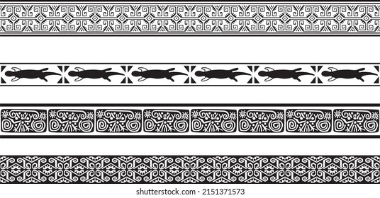 Vector monochrome set of seamless borders, native american frames. The endless pattern of the peoples of Central and South America, the Aztecs, the Maya, the Incas.