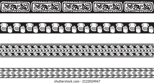 Vector monochrome set of seamless indian national native american borders. Endless ethnic ornaments of the peoples of America, Aztec, Maya, Inca, Peru, Brazil, Mexico, Honduras, Guatemala.
