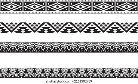 Vector monochrome set of seamless indian national native american borders. Endless ethnic ornaments of the peoples of America, Aztec, Maya, Inca, Peru, Brazil, Mexico, Honduras, Guatemala.