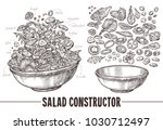 Vector monochrome set of sketch elements, components and ingredients for vegetables salat. Hand drawn collection of cut products and plate