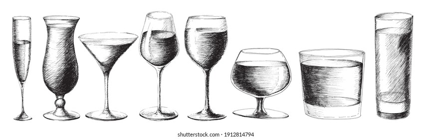 Vector monochrome set sketch style illustration of hand drawn wineglasses isolated on white background. Cocktail, wine, champagne, martini, brandy, whiskey, highball glasses