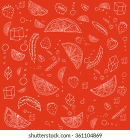 Vector monochrome set of some ingredients for mojito isolated on red. Design element. Postcard, wallpaper and other printed production. Decoration of rooms and special places.